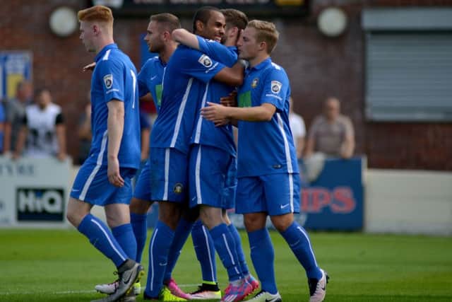 Gainsborough Trinity v Bradford Park Avenue, Gainsborough celebrate Gavin RotherbyÃ¢Â¬"s goal