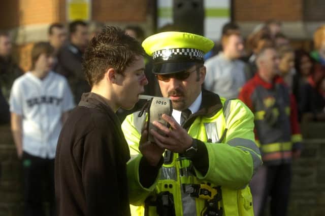 A Road Traffic Collision demonstration called 'Dying to Drive' takes place outside Chesterfied college where police, fire and ambulance crews attended. Students marshalled the event as well as some being the victims of the collision. Teh driver of one of the vehicles is breathalised