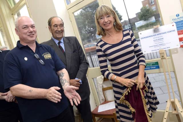Gainsborough-born actress Julia Deakin officiallt re-opens the Gainsborough Heritage centre. Pictured with Andrew Birkett, left and Deputy Lord Lieutenant David Harris Picture: Sarah Washbourn