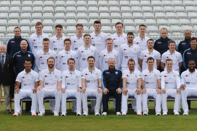 Derbyshire County Cricket Club 2016, back James Pipe, Rob Hemmings, Greg Cork, Matthew Critchley, Tom Knight, Will Davis, Jamie Tallent and Cookie Patel
middle John Sadler, Tom Milnes, Harvey Hosein, Tom Taylor, Ben Slater, Ben Cotton, Alex Hughes, Scott Elstone, Ant Botha
front Shiv Thakor, Andy Carter, Tony Palladino, Billy Gogleman, Graeme Welch, Wes Durston, Wayne Madsen, Tom Poynton and Chesney Hughes