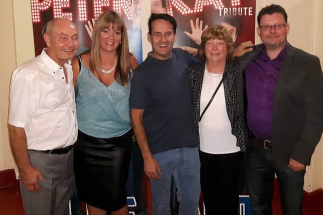 Kev Cousins, Melanie Rose (Bluebell Wood fund-raiser), Lee Lard (Peter Kay tribute act), Liz Cousins and Warren Miller at the birthday celebration event