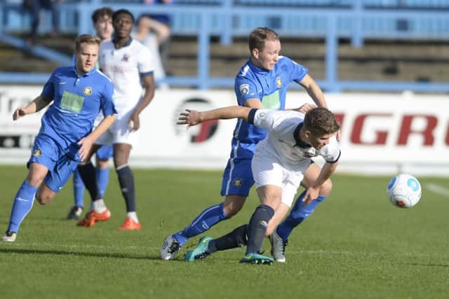 Gainsborough Trinity v Nuneaton Town
Matthew Thornhill struggles to get the ball
Picture: Sarah Washbourn / www.yellowbellyphotos.com