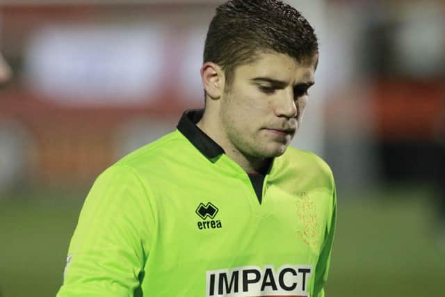 Goalkeeper George Willis, whose penalty save helped Gainsborough Trintiy to an important point away to fellow strugglers AFC Telford United last Saturday. (PHOTO BY: Richard Parkes).