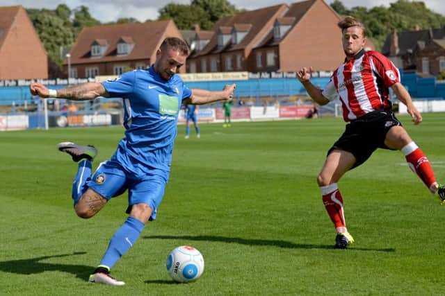 Striker Ashley Worsfold, who scored two of the goals in Gainsborough Trinitys crucial 3-2 victory at bottom-of-the-table Altrincham in the National League North on Saturday.