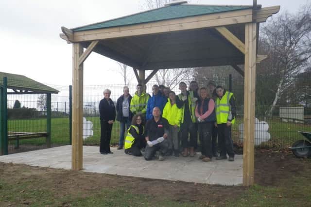 North Notts College students on the completed outdoor stage area at Prospect Hill school