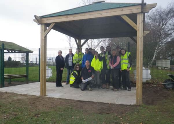 North Notts College students on the completed outdoor stage area at Prospect Hill school