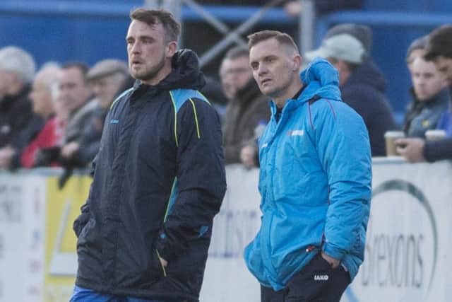 Gainsborough Trinity player-manager Dom Roma, left, on the sidelines in the home defeat to Alfreton Town.
Picture: Sarah Washbourn / www.yellowbellyphotos.com