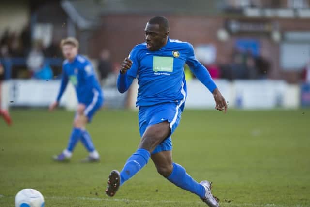 Chib Chilaka shoots for goal for Gainsborough Trinity in their 2-0 home defeat to Alfreton Town.
Picture: Sarah Washbourn / www.yellowbellyphotos.com