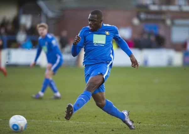 Chib Chilaka shoots for goal for Gainsborough Trinity in their 2-0 home defeat to Alfreton Town.
Picture: Sarah Washbourn / www.yellowbellyphotos.com