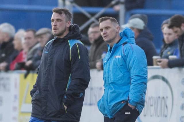 Gainsborough Trinity player-manager Dom Roma (left) pictured on Saturday against Alfreton Town. Picture: Sarah Washbourn / www.yellowbellyphotos.com