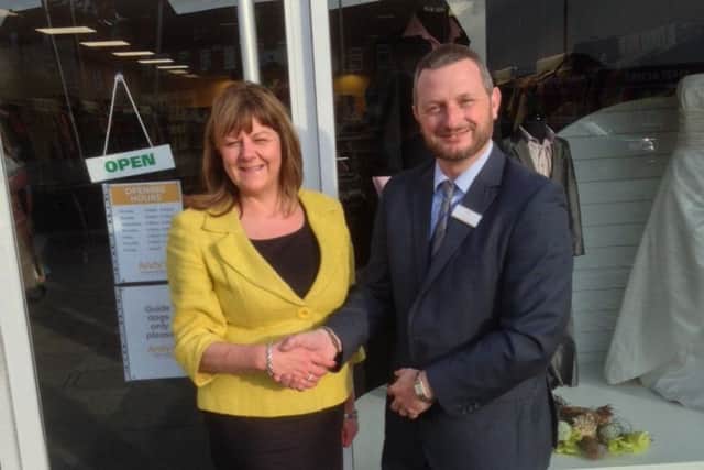 Hospice Chief Executive Alison Carlisle and Head of Retail Simon Vicary at the opening of new shop