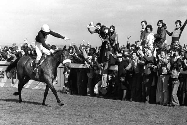 This year's Grand National marks the 40th anniversary of the record-breaking third win in the race, in 1977, of the legendary Red Rum, pictured above crossing the line under jockey Tommy Stack.