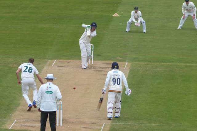Durham's Keaton Jennings straight drives for 4 runs of the bowling of Jake Ball of Notts at the Riverside, on Easter Sunday