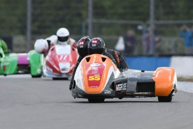 Team SaS, alias Stainton and Stainton, in sidecar-racing action at Donington Park, where they recorded a fine fifth-placed finish in the British Championship. (PHOTO BY: Sid Diggins)