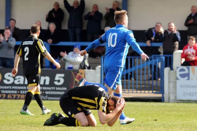 Gainsborough Trinity v Gloucester City.
Celebration for Nathan Jarman.