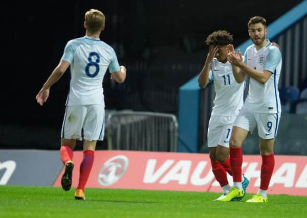 England Under 19s v Germany Under 19s - Reiss Nelson with Ben Brereton after scoring England's first goal - Pic By James Williamson