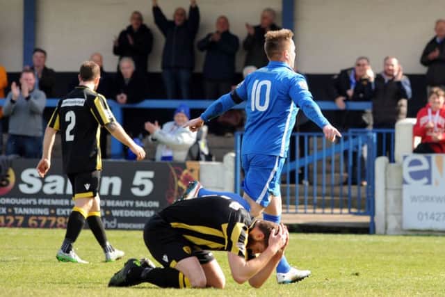 Celebrating striker Nathan Jarman scored one of Gainsborough Trinitys goals in the 2-1 FA Cup victory at Harrogate Town.