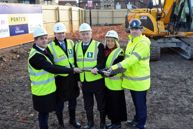 Pictured at the ceremony to mark the main construction work getting underway on the brand new hotel development, are from left, Argys Myrtja from Pontis, Mark Dransfield from Dransfield Property Developers, Leader of West Lindsey council, Jeff Summers, the Mayor of Gainsborough Coun. Sally Loates and Paul Dransfield of PDR Construction.