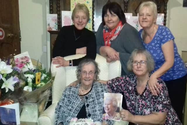 Edna Ratcliffe pictured with staff at Redcote Residential Home. Photo contributed.