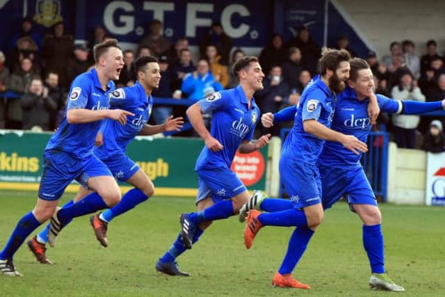 Gainsborough Trinity v Alfreton Town - Saturday January 27th 2018. Gainsborough player Nathan Jarman scores. Picture: Chris Etchells
