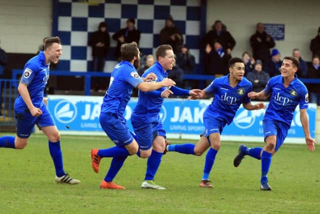 Gainsborough Trinity v Alfreton Town - Saturday January 27th 2018. Gainsborough player Nathan Jarman scores. Picture: Chris Etchells