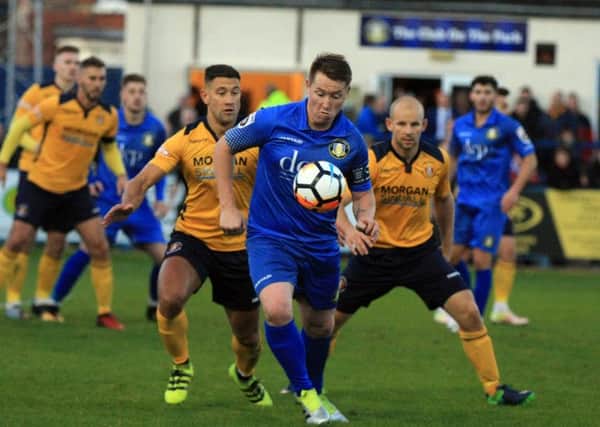 Gainsborough Trinity v Slough Town in the Emirates FA Cup 1st Round - Saturday November 4th 2017. Trinity player Nathan Jarman in action. Picture: Chris Etchells