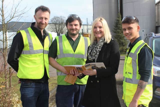 Ben Dickson, plant manager at A Schulman, and Amanda Bouttell, from West Lindsay District Council, with apprentices Connor Pugh and Andy Bone.