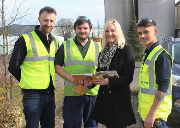 Ben Dickson, plant manager at A Schulman, and Amanda Bouttell, from West Lindsay District Council, with apprentices Connor Pugh and Andy Bone.