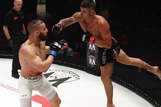 A spectacular punch by Ricardo Franco (right) during his latest mixed martial arts fight in Italy.