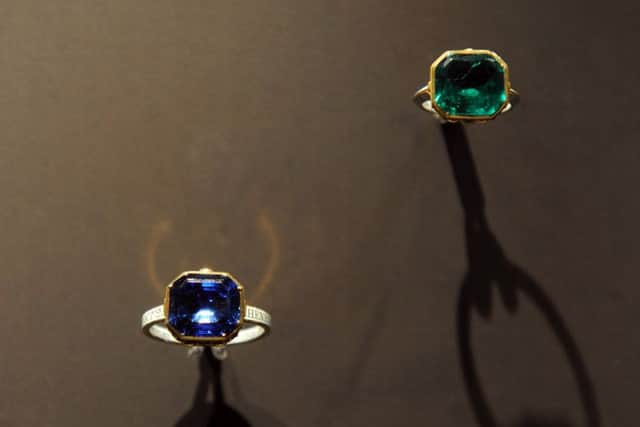 25 May 2018.......... A new exhibition by world renowned jeweller JAR has opened at The Portland Collection at The Welbeck Estate in north Notts.The sapphire mourning ring in the gallery's collection alongside the 'sister' ring loaned by JAR. Picture Scott Merrylees