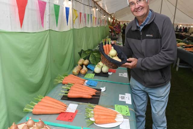 Heckington Show. Brian Sewell of Heckington who won heaviest parsnip, most points in Heckington Section and Banksian Medal for most prize money.