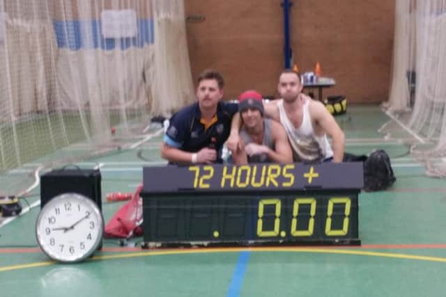 Shaun Brown, Dave Newman and Richard Wells complete their 72 hour cricket marathon.
