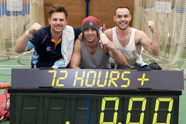 Richard Wells, Dave Newman and Shaun Brown set a new Indoor Cricket Net world record of 72-hrs. EMN-171127-121327001