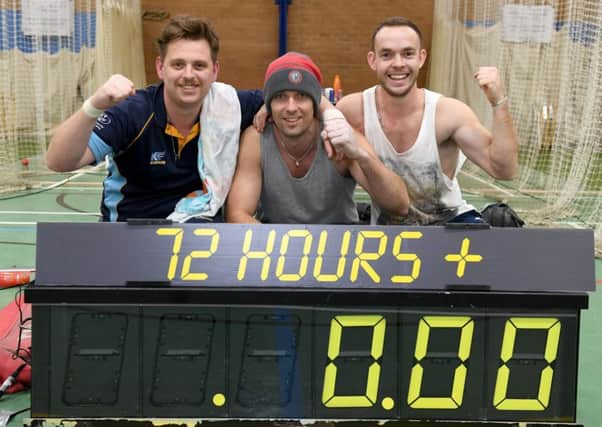 Richard Wells, Dave Newman and Shaun Brown set a new Indoor Cricket Net world record of 72-hrs. EMN-171127-121327001