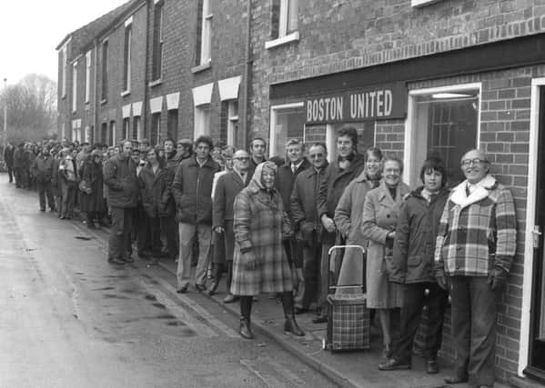 Here we see the queue in December 1982 for tickets to see Boston United take on Third Division Sheffield United and their million-pound team in the second round of the FA Cup at York Street the following week.