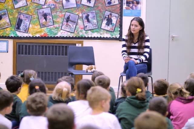 Teenager Evie Toombes pictured during her talk to school children at Tetford Primary School.