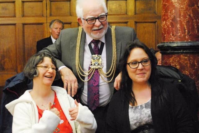 Mayor Cllr Bernard Rush with Community Litter Champion Denise Lorriman, left, and Denise's carer Vikki Lee.
