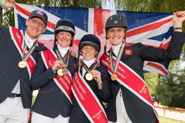 Ros Canter (second from right) with the gold medal-winning British team at the European Championships. Next year she aims to retain her place for the World Equestrian Games EMN-171221-084043002