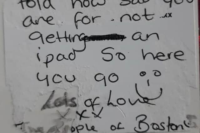 The iPad with note given to Leyland by Amy Mitchell, Robert Britton and the 'people of Boston'.