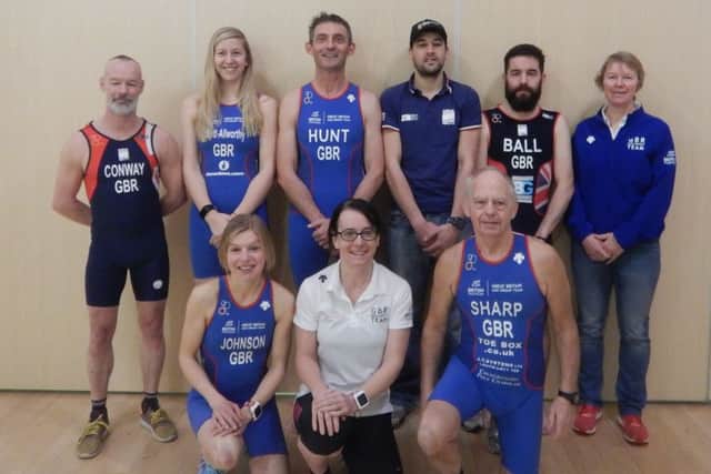 Louths international triathletes, from left, back  Richard Conway, Laura Stott-Allworthy, Steve Hunt, Jon Bromfield, Martin Ball, Christine Giles; front  Harriet Johnson, Kerry Drewery, John Sharp. EMN-180801-113204002
