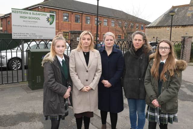 L-R Zosia Lyall 12, Marta Lyall, Clare Keating, Henrietta Clavering, Scarlett Keating 13, angry at gender inequality in subjects for girls in GCSEs at Kesteven and Sleaford high School. EMN-180115-093833001