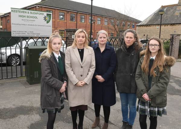 L-R Zosia Lyall 12, Marta Lyall, Clare Keating, Henrietta Clavering, Scarlett Keating 13, angry at gender inequality in subjects for girls in GCSEs at Kesteven and Sleaford high School. EMN-180115-093833001