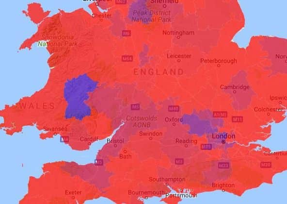 The flu heatmap from flusurvey.org.uk - The map shows a gradient from no reported ILI (blue) to very high ILI (red).