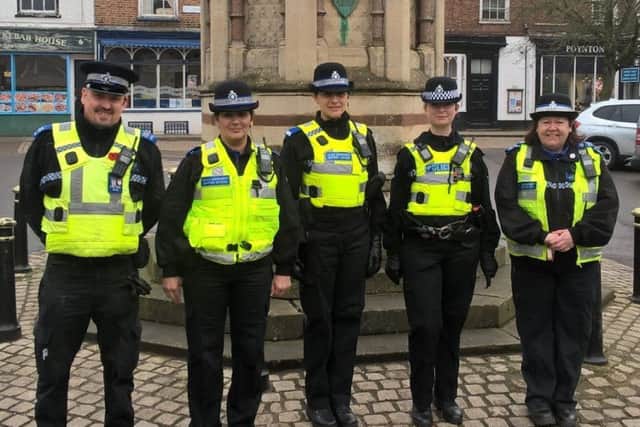 Sgt Jacky Barnsley (second right) joins PCSOs Nigel Wass, Iliyana Edwards, Teresa Key, and Nicola Stuchfield.