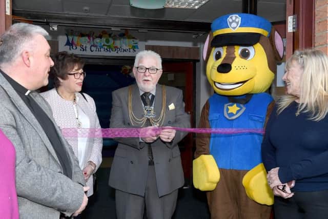 International Day at St Christophers Church on Fenside Road. Official opeing of the event L-R Rev Steve Holt, Jayne Rush - mayoress, Bernard Rush - mayor, Chase the mascot, Carolanne Payne - CEO of BLIC. EMN-180115-112038001