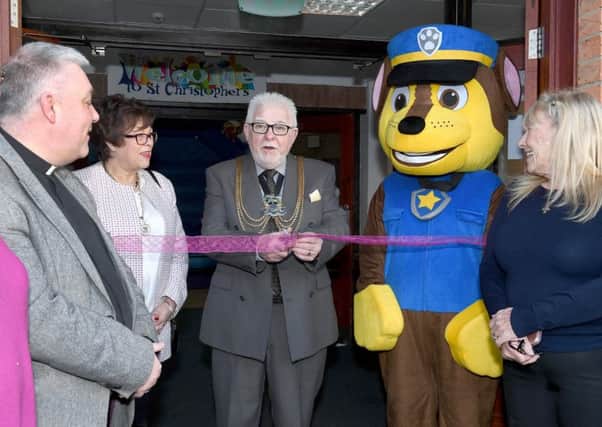 International Day at St Christophers Church on Fenside Road. Official opeing of the event L-R Rev Steve Holt, Jayne Rush - mayoress, Bernard Rush - mayor, Chase the mascot, Carolanne Payne - CEO of BLIC. EMN-180115-112038001