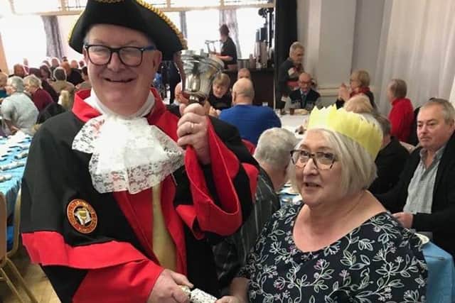 Chapel St Leonards Town Crier Peter Keefe at one of the meals held at the Grosvenor House Hotel in Skegness to feed 1,000 pensioners before Christmas. ANL-180122-144413001