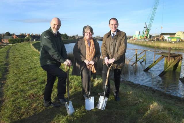Boston Barrier 'ground breaking' with Floods Minister Therese Coffey. L-R Toby Willison - executive director of operations for Environment Agency, Therese Coffey, MP Matt Warman.
