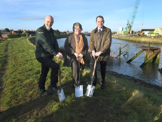 Boston Barrier 'ground breaking' with Floods Minister Therese Coffey. L-R Toby Willison - executive director of operations for Environment Agency, Therese Coffey, MP Matt Warman.