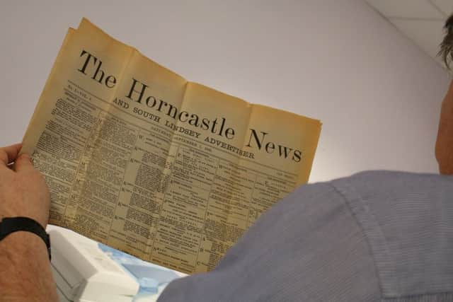 The front page of the very first edition of the Horncastle News from Saturday, September 5, 1885.
